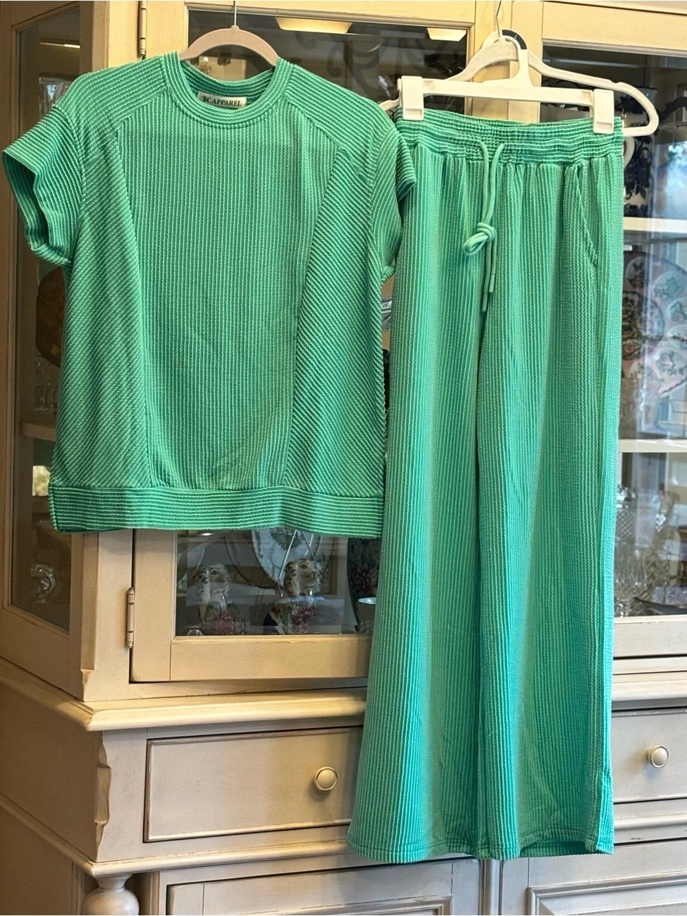 T&C Apparel Ribbed Lounge Set Small Green Two Piece Matching Set Wide Leg Pants - Picture 2 of 5